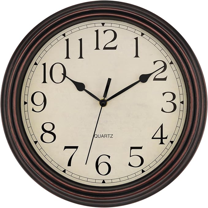 Foxtop 14 Inch Wall Clock Battery Operated Silent Non-Ticking Round Classic Vintage Retro Wall Clock Decorative for Living Room Kitchen Home Office (Bronze)