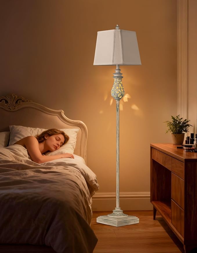 64'' Vintage Floor Lamp with Nightlight, Rustic Farmhouse Tall Standing Lamp with Rotary Switch and White Linen Shade for Living Room, Corner, Bedroom, House Decor, Wash Blue (Bulb Included)