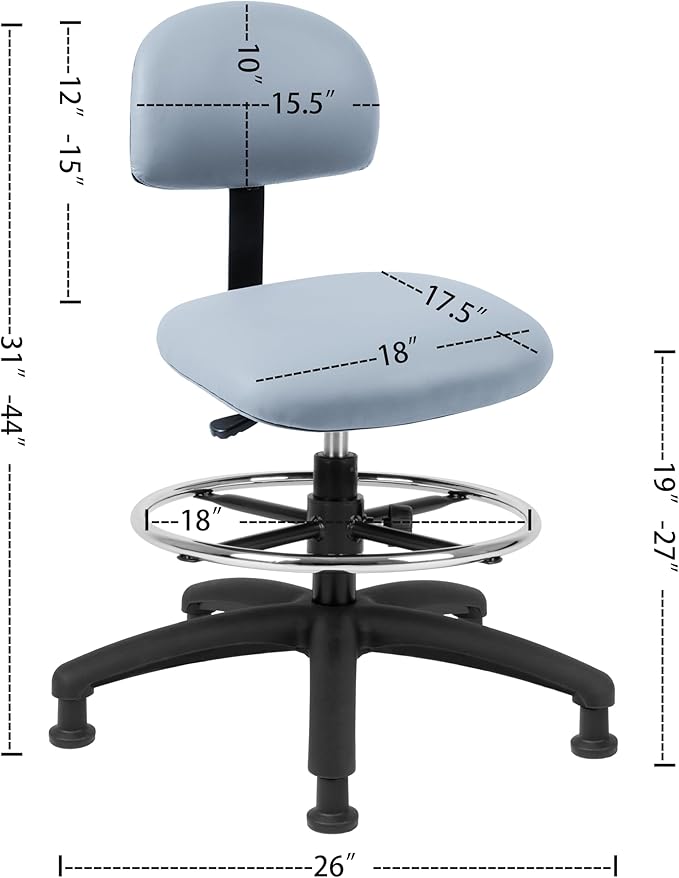 Chair Master FSS Series Square seat Mid (19"-27") seat Height Chair. Vinyl-for Office, Garage, Desk, Shop, Computer, Doctor, Medical, Easy to Clean! 18" Footring (Gray, Mid Stool, Glides)