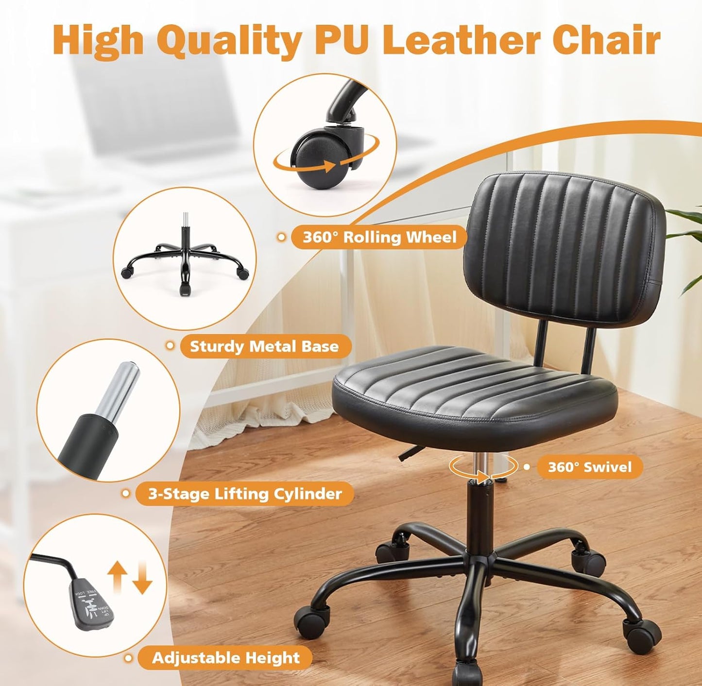 Sweetcrispy Small Office Desk Chair - Armless PU Leather with Comfy Lumbar Support | Height Adjustable, Black