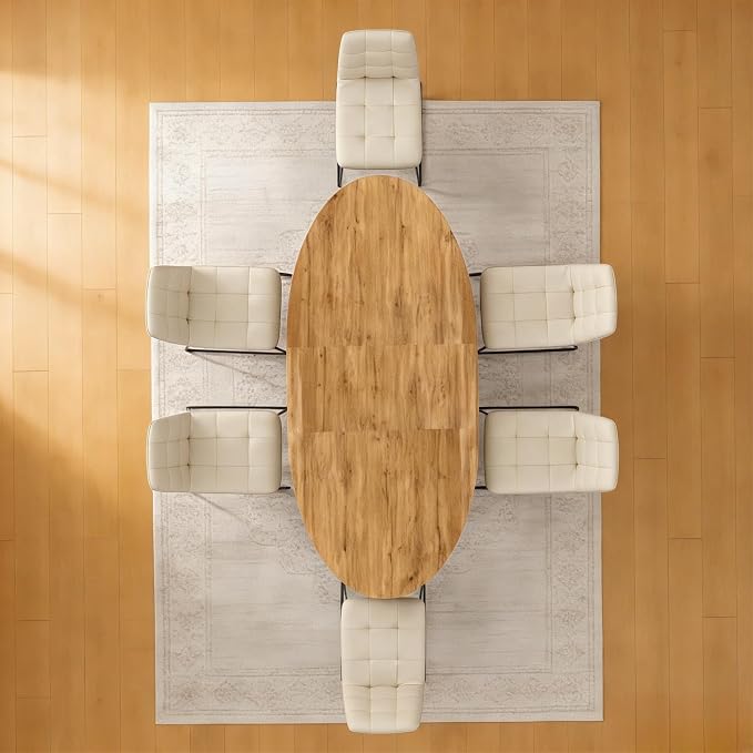 63"-78.7" Extendable Round Dining Table Set for 6, 7 Piece Mid Century Modern Oval Kitchen Table Set, Large Dining Table with 6 Dining Chairs for Living Room Space Saving（Walnut Table+6 Beige Chairs)