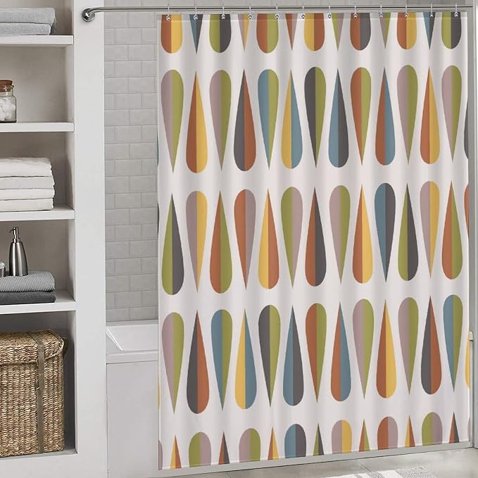 Mid Century Modern Shower Curtain,Colorful Abstract Geometric Drop Shapes Art Style Shower Curtains Set for Bathroom Fabric Decorative Bath Curtain Washable Curtain Hooks, 72x72”