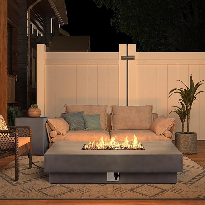 SiTimmGer 60-inch Outdoor Propane Fire Pit Coffee Table with Tank Cover, 50,000 BTU Concrete Rectangle Modern Outside Fire Table, Auto-Ignition, Included Lava Rocks, Metal Lid & Waterproof Cover