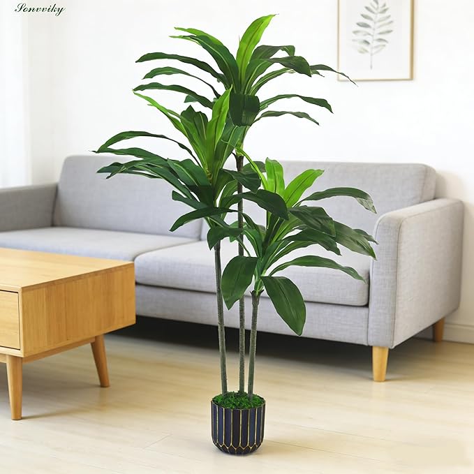 Artificial Plants Indoor-4ft Artificial Dracaena Plant – Fake Tree Realistic Fake Indoor Plant with Zero Maintenance for Home and Office Decor Sonvviky