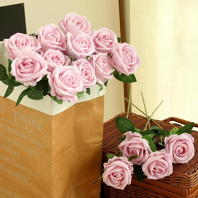 15Pcs Pearl Pink Roses Artificial Flowers Fake Roses Long Stem Velet Rose Silk Flowers for Home Wedding Decoration (Pearl Roses,Pink)