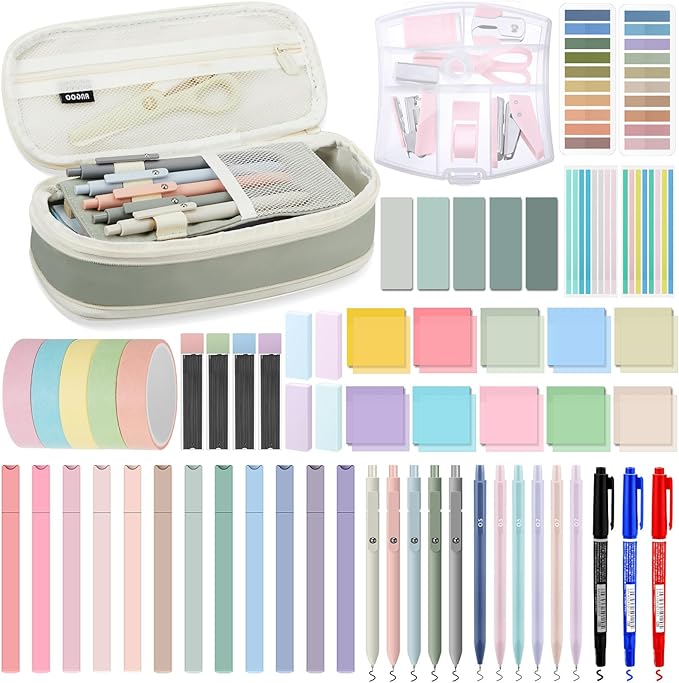 Sinload 60 Pcs Aesthetic Book Annotation Kit School Supplies Cute Pencil Case 12 Highlighter 5 Gel Pen 6 Mechanical Pencil 5 Magnetic Bookmark 1220 Pcs Sticky Note Tab Student Stationary(Light Green)