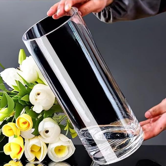 3 Pcs Acrylic Clear Cylinder Flower Vase for Plants Bouquet, Unbreakable Hurricane Tall Large Plastic Vases for Wedding Centerpieces, Hydroponic Decor Base Set of 3 (H 8" + H 10" + H 12" No Flowers)