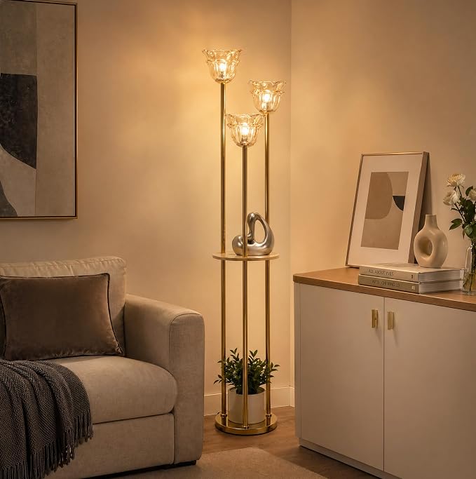Fiqevs Crystal Floor Lamp with Shelves, 3 Head Modern Gold Standing Lamp with Table, Amber Flower Crystal Shade Brass Corner Lamp Mid Century Retro for Living Room, Bedroom