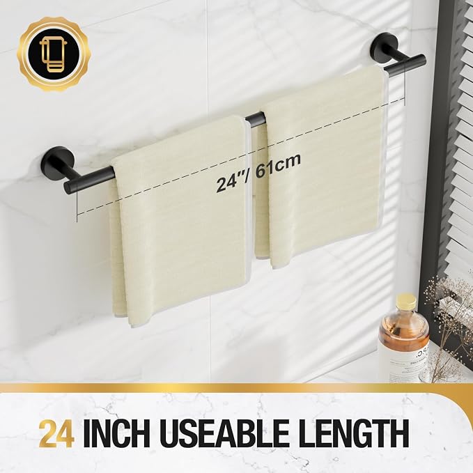 HITSLAM Matte Black 24 Inch Towel Bar for Bathroom, SUS304 Stainless Steel Bathroom Towel Rack Wall Mounted, Modern Home Decor Bath Towel Holder with Hardware Accessories (Total Length 25.7 Inch)