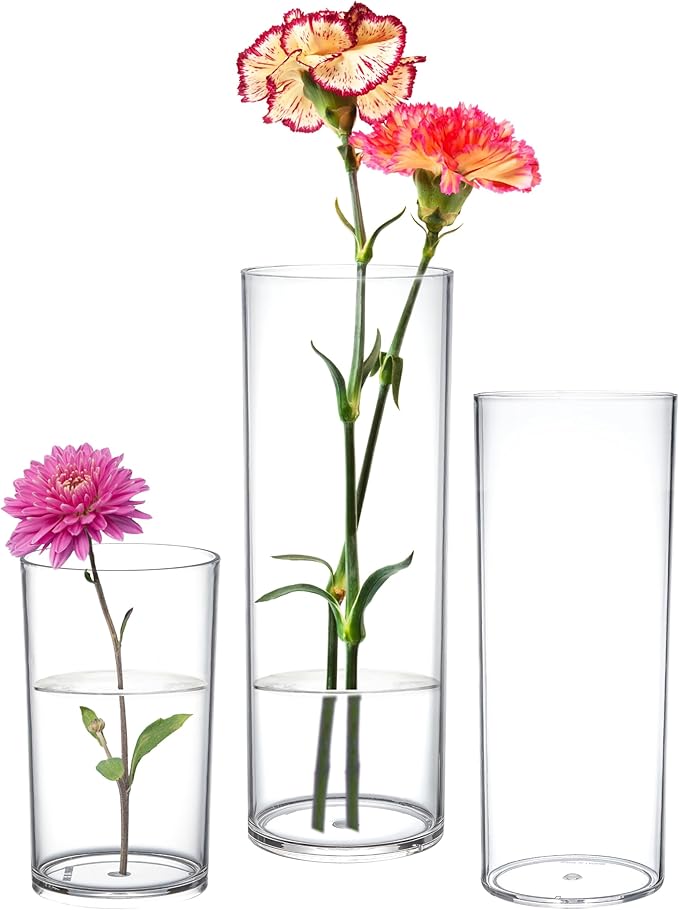 KLIFA- Carlsbad- Set of 3 pcs, 6, 9 & 11 Inch Tall, Plastic Cylinder Vases for Centerpieces, Acrylic Flower Vase for Wedding Centerpieces, Home Decorations, Clear