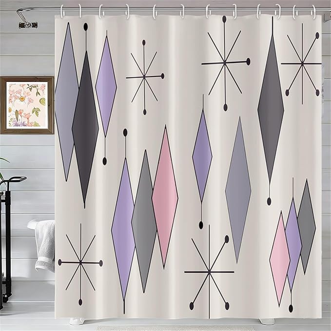 Boho Mid Century Shower Curtain Abstract Purple Grey Pink Diamond Geometric Atomic Starburst Pattern Beige for 1950s Retro Bathroom Decor Shower Curtain Set with 12 Hooks, 72x78 Inches