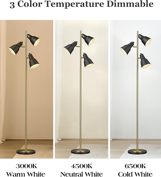 ELYONA Gold Tree Floor Lamp with 3 Adjustable Rotating Lights, Industrial Tall Pole Metal Standing Lights with 3 LED Bulbs for Living Room,Bedroom,Farmhouse,Office,Hotel, Vintage Brushed Brass & Black