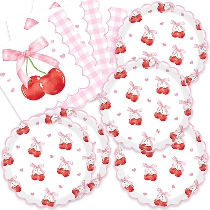 40Pcs Cherry Birthday Decorations Pink Cake Plates and Napkins Set Party Supplies for Baby Shower Favors Pink Bow Birthday Decorations Serve 20