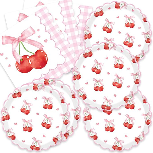 40Pcs Cherry Birthday Decorations Pink Cake Plates and Napkins Set Party Supplies for Baby Shower Favors Pink Bow Birthday Decorations Serve 20