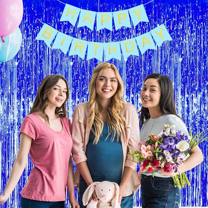 3 Pcs Blue Tinsel Foil Fringe Curtains,3.28ft x 6.56ft Gold Photo Booth Backdrop Streamer Curtain,Photo Booth Props,Ideal Bachelorette Party Supplies, Birthday, Christmas,New Year Decorations…