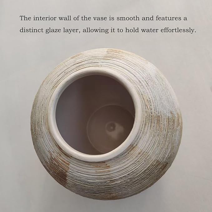 Rustic Ribbed Vase Home Decor - 6.3 in Ceramic Vintage Farmhouse Vases for Decor, Decorative Terracotta Round Bowl vase for Living Room, Table, Shelf, Kichen Decor