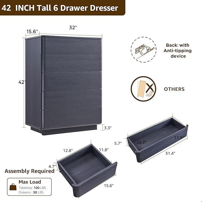 JXQTLINGMU 6 Drawer Dresser for Bedroom, 42" Tall Modern Push-to-Open Chest of Drawers, Wood Storage Organizer w/Curved Profile & Handleless Design for Bedroom, Living Room, Black