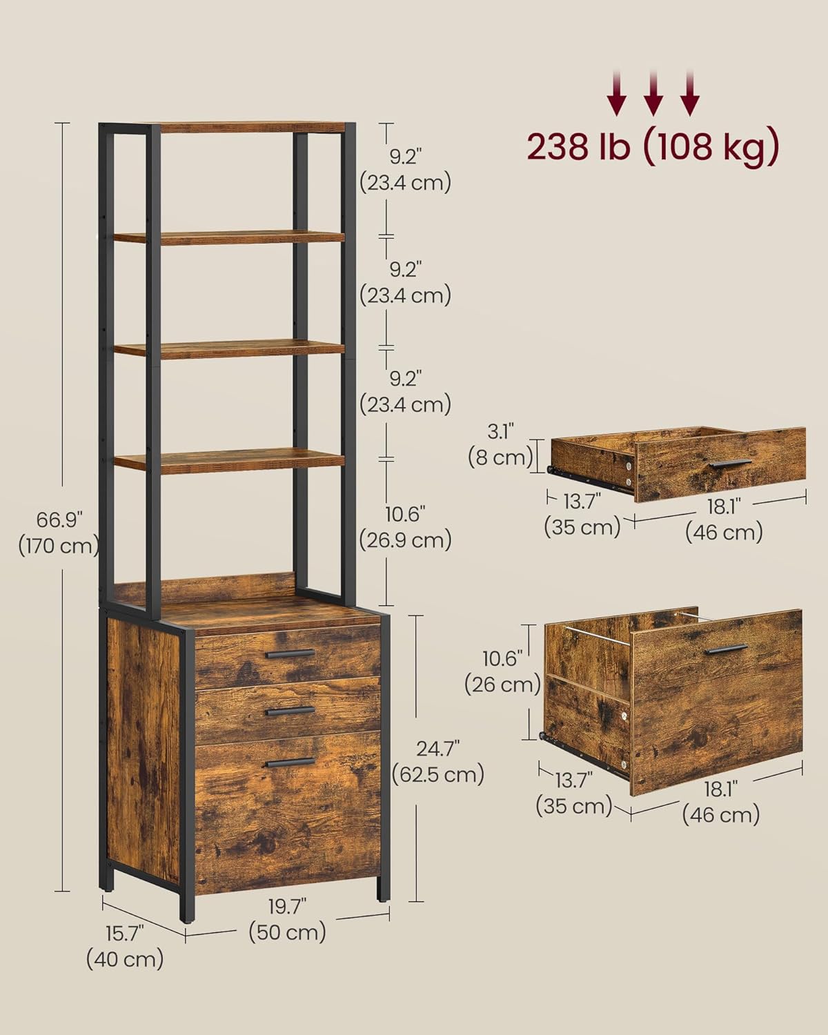 VASAGLE File Cabinet - Height-Adjustable Home Office Filing Cabinet with 3 Drawers - Rustic Brown