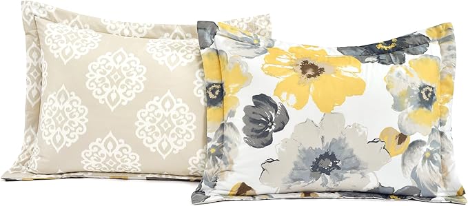 Lush Decor Leah Reversible Comforter Set, 6 Piece Set, Full/Queen, Yellow & Gray- Watercolor Botanical Comforter Queen Size-Farmhouse Florals Bedding Decor