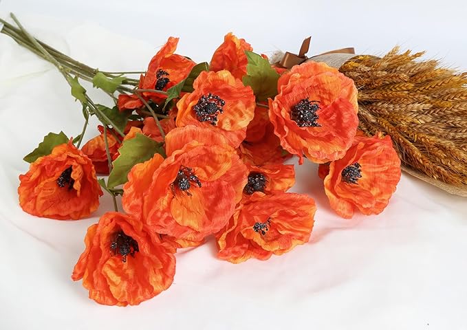 30 Heads 6 PCS Orange Poppy Flowers Artificial Flowers Silk Flowers 32 in Poppy Flowers for Wedding Home Party Table Centerpiece Arrangement Decoration (Orange)