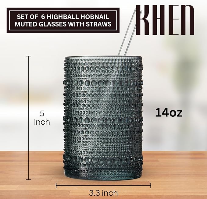 Khen Hobnail Drinking Glasses & Straws, 6x Neutral Muted Colors 14oz Vintage Glassware Set of 6 Embossed Vintage Water Cups, Highball Glasses for Cocktail, Whiskey, Beer & Juice, Dishwasher Safe Gift