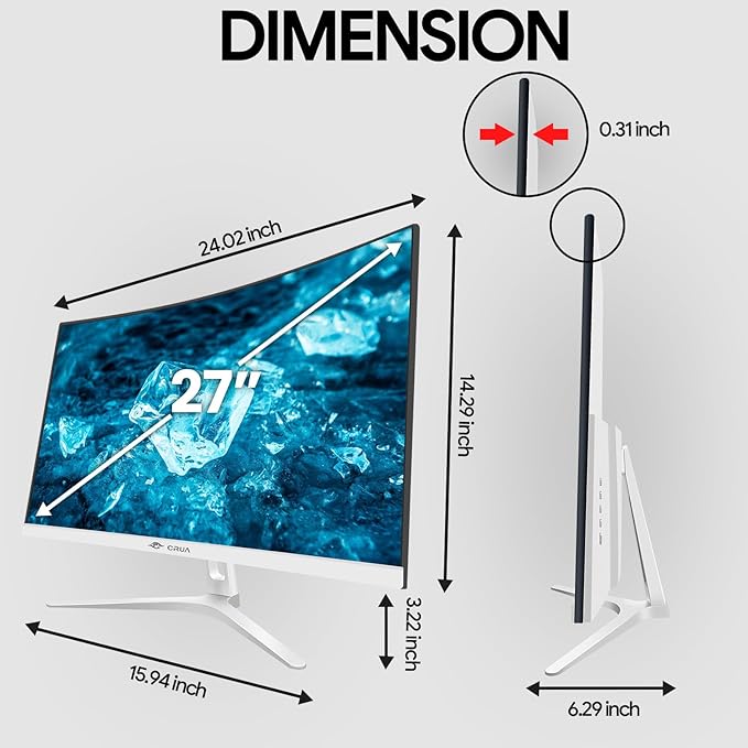 CRUA 27" Curved White Monitor, Full HD(1920x1080P) VA Panel 1800R 100HZ 120% sRGB Professional Computer Monitors, 3Sides Frameless, Flicker-Less,Blue Light Filter, for Office & Gaming (VGA, HDMI)