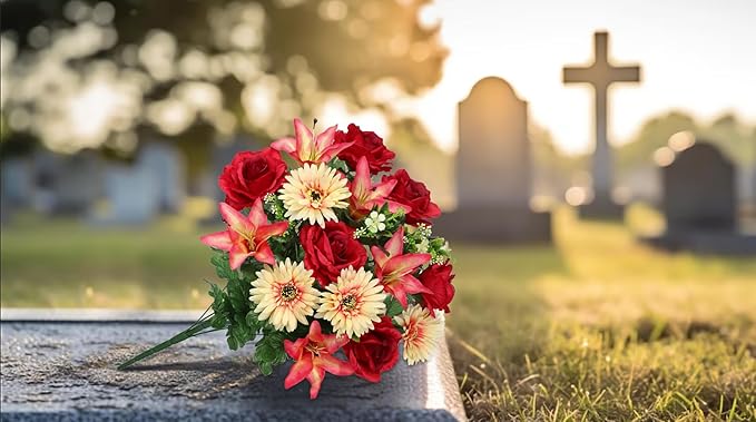 Hollyone Set of 2 Artificial Cemetery Flower for Graves Red Cemetery Memorial Flowers for Outdoor Grave Decorations Silk Flower Arrangements Rose Lily Gerbera Floral Flowers Bouquets