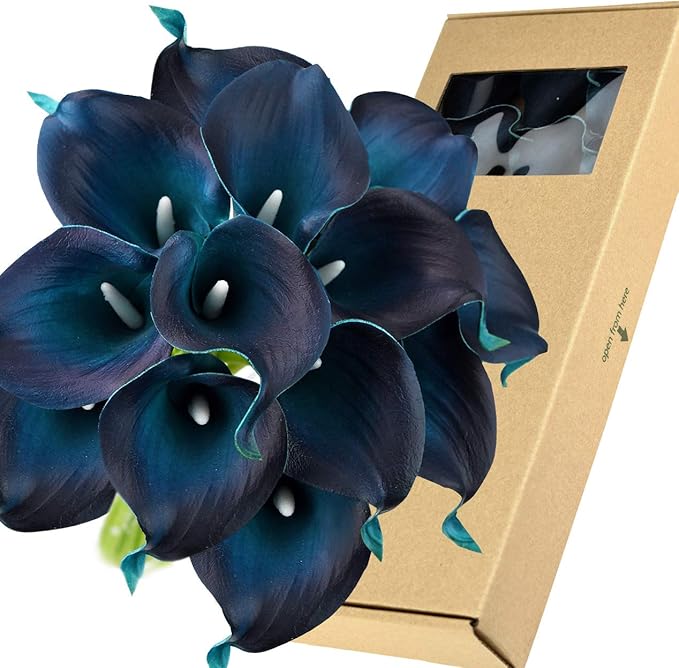 FiveSeasonStuff Real Touch Calla Lily Artificial Flowers Wedding Bridal Bouquet | Floral Arrangements | 15 Calla Lilies (Night Blue)
