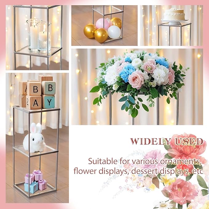 2-Tier Metal Flower Stand Set with Acrylic Shelves, Geometric Display Rack for Wedding Centerpieces, Party Decor, Tall Floor Vase Stand (Silver, Set of 3-36.8"/32.9"/25")