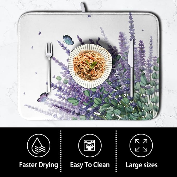 Purple Lavender Dish Drying Mat for Kitchen Counter, 18 x 24 Purple Floral Microfiber Dish Drainer Mats, Absorbent Reversible Microfiber Dish Mat, Butterflies Flowers Kitchen Drying Mats for Dishes