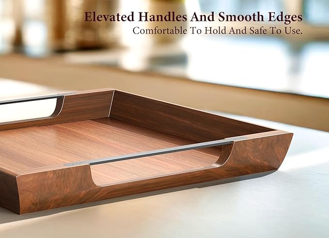 Large Ottoman Tray: 20" Square Acacia Wood Serving Tray with Metal Handles - Extra Large Decorative Tray for Coffee Table, Breakfast in Bed, Charcuterie, Living Room & Party