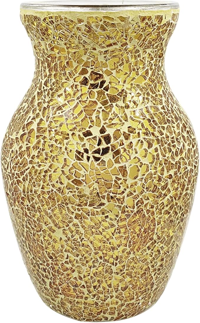 Mosaic Glass Vase, Gold Crackle Crystal Vase Handmade Flower Vase for Home Decor Centerpiece Wedding Table Decor 20.5cm Height