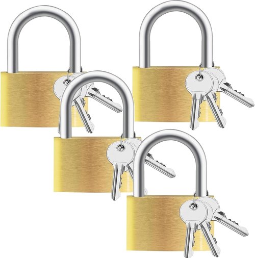 Lockwise 4-Piece Small Brass Keyed Padlock Set - 12 Matching Keys for Gym Lockers & Storage (Light-Duty)