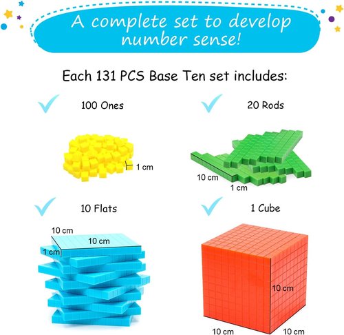 Simply Magic 131 PCS Base Ten Blocks - Engaging Math Manipulatives for K-3 Learning | Counting Cubes & Place Value Tools