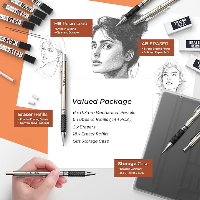 Nicpro 0.7 mm Art Mechanical Pencils Set, 6 PCS Metal Drafting Pencil 0.7mm Tube HB Lead Refills & 18 Cap Eraser for Adults, Children, Artist Writing, Drawing, Sketching, Black