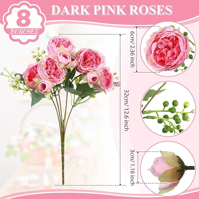 Crowye 8 Bundles Artificial Peonies Realistic Flowers with Stems Bouquet Peonies for Table Centerpieces Wedding Decoration Bridal Floral Arrangement (Dark Pink)