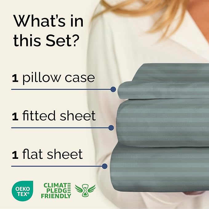 Striped Sheets - Green Striped Sheets - 1 Flat & 1 Fitted & 1 Pillowcase w/ Deep Pockets – Wrinkle & Fade Resistant - Ultra-Soft, Breathable and Cooling – Luxury Pinstripe Bedding - Twin Size Bed Set