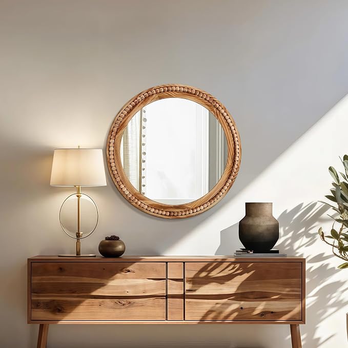 ULIKE Round Wood Mirror with Natural Wooden Bead Frame, 30 Inch Rustic Farmhouse Wall Mirror for Bathroom Nursery Bedroom Living Room Brown, Brown