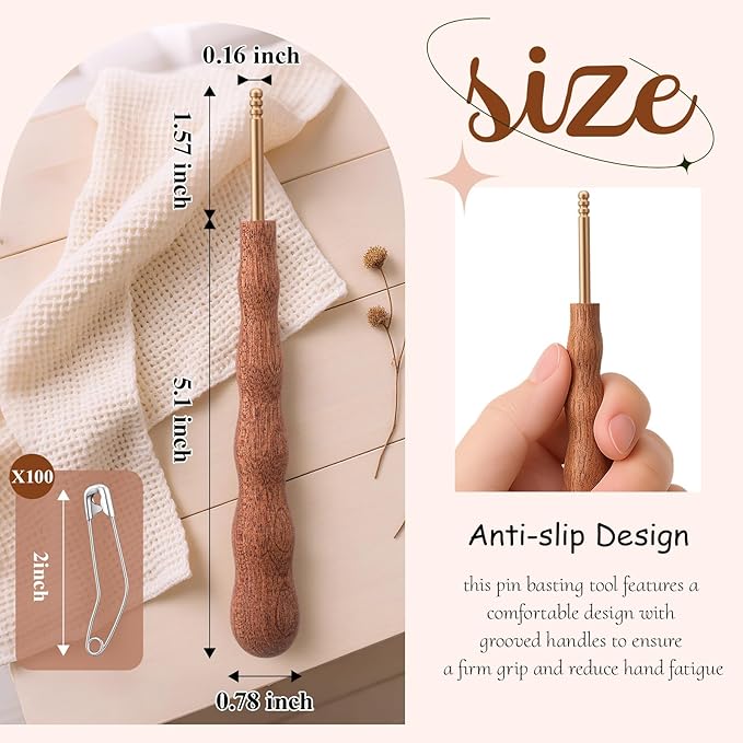 Threlaco Pin Basting Tool Set with 1 Pcs Pin Basting Tool and 100 Pcs 2 Inch Curved Quilting Pins Bent Sewing Safety Pins Handcrafted Sewing Tools for Quilting Knitting Crafting