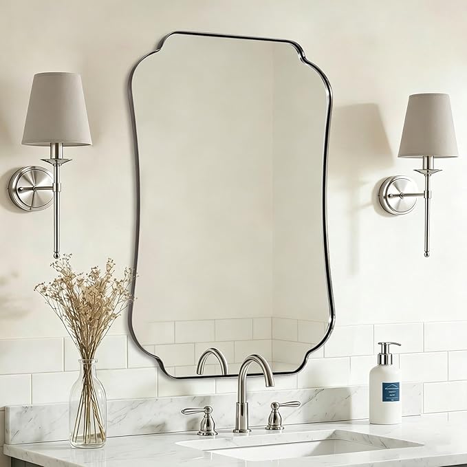 ANDY STAR 24"x40" Chrome Mirror, Scalloped Bathroom Wall Mirror in Anti-Rust Stainless Steel Metal Frame 1’’ Deep, Hangs Vertically/Horizontally