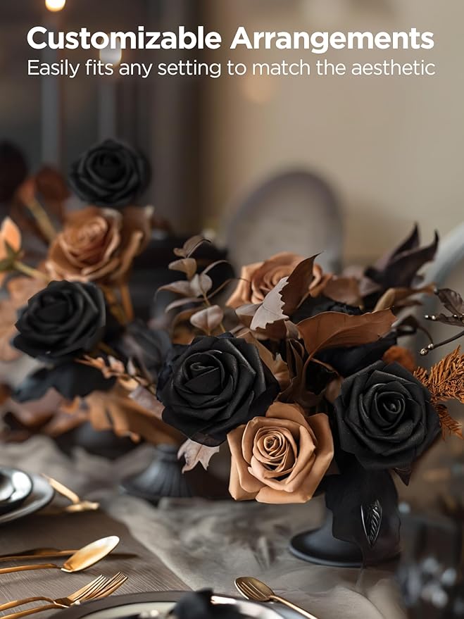 InnoGear Artificial Flowers, 50 Pcs Black Foam Fake Roses Bulk with Stems for Decoration DIY Wedding Bouquets Centerpieces Bridal Shower Party Valentines Christmas Tree