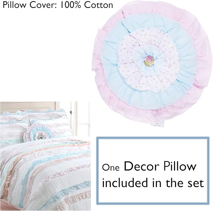 Cozy Line Home Fashions 100% Cotton Chic Ruffle Light Lavender Orchid Blue Flower Print Stripe Bedding Quilt Set, Reversible Coverlet, Bedspread (Chic Ruffle, Queen + Décor Pillows)