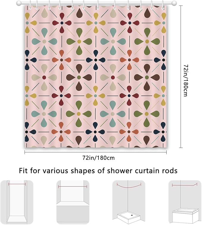 APROPHIC Mid Century Retro Shower Curtain 72x72 Inches, Vintage Geometric Pattern Bathroom Curtain with Hooks, Waterproof Polyester Fabric for Bath Shower, Machine Washable Home Decor for Bath, Pink