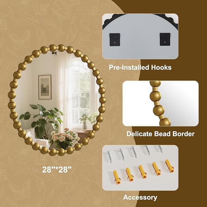 Easly Round Mirror for Wall, 28 Inch Gold Beaded Frame Decorative Vanity Mirror, Circle Bathroom Mirror with High-Definition Lense, Modern Wall Decor for Bathroom, Living Room, Bedroom, Entryway