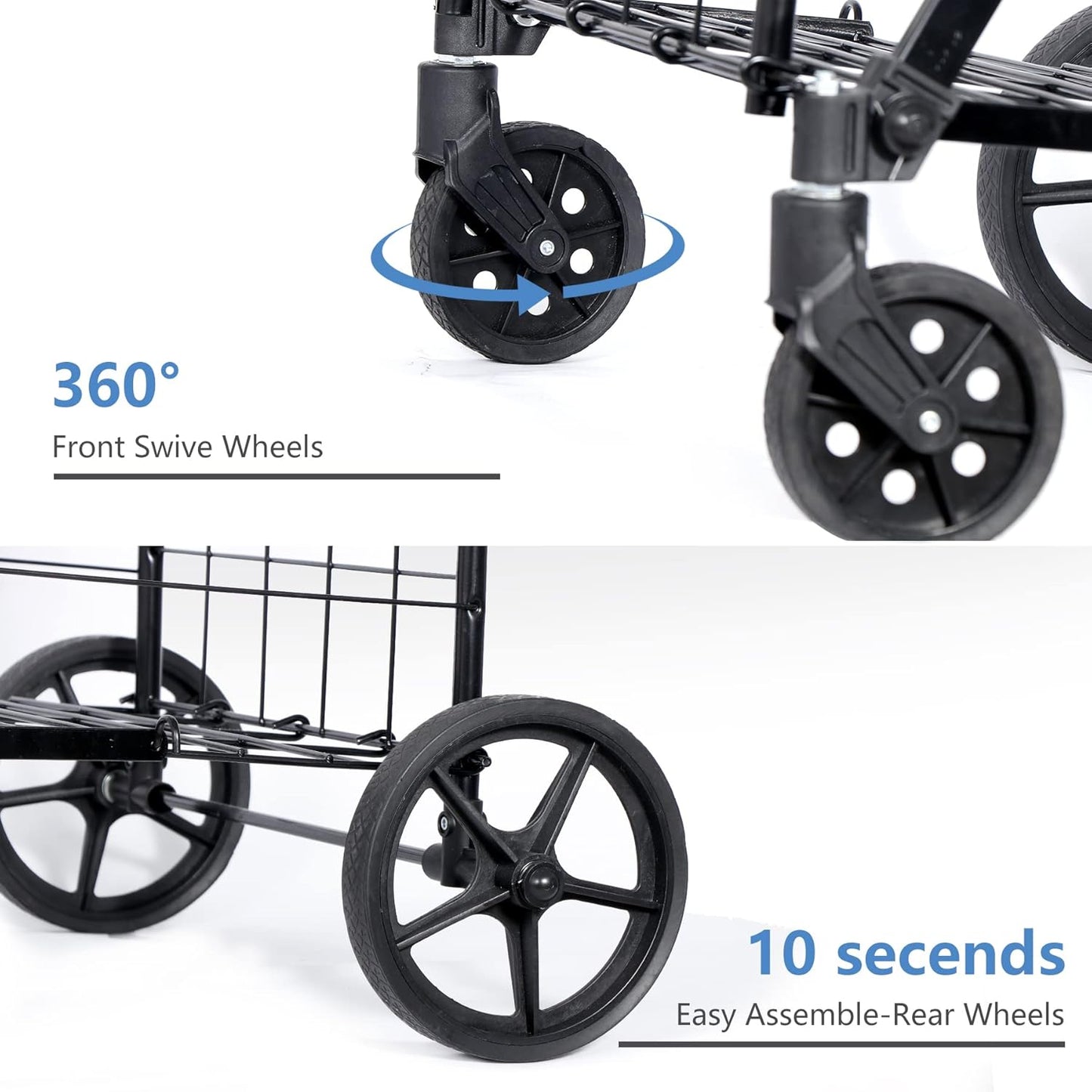SUPER DEAL Folding Shopping Cart - Durable Wheels & Double Basket for Groceries, Black