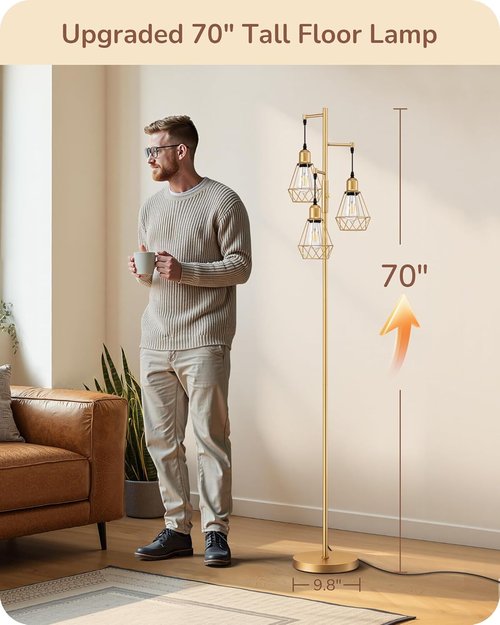 EDISHINE 70'' Dimmable Industrial Floor Lamp - Rustic Diamond-Shaped Shade | 3 LED Edison Bulbs Included, Gold