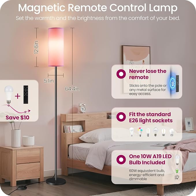 2 Pack Dimmable Pink Floor Lamps for Living Room with 2 Remotes and Foot Switch, Corner Floor Lamp, 64.4'' Standing Tall Lamp, 10W 900LM Bulb Included, 3000K-6500K, Linen Shade, FCC Listed P06LDP205W1