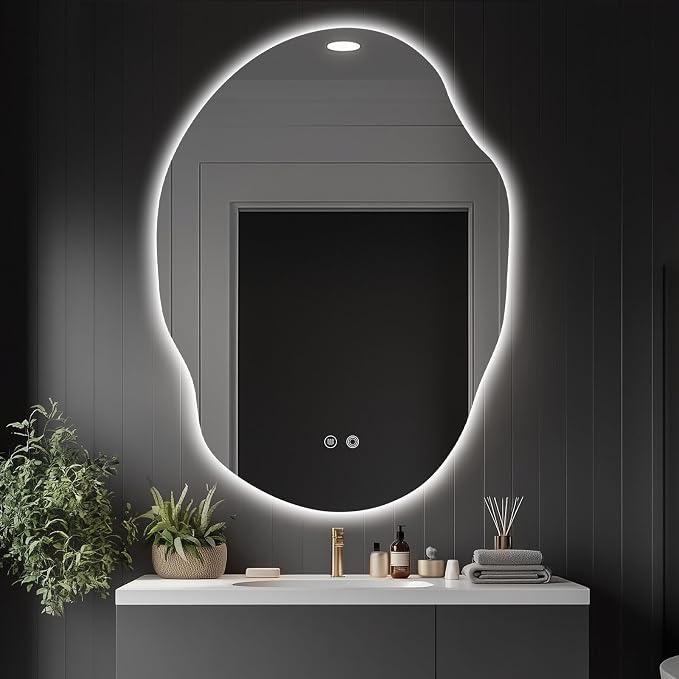 Asymmetrical LED Bathroom Mirror with Lights,Irregular Led Bathroom Vanity Mirror for Wall with Backlit, Anti Fog, 3 Colors and Dimmable Light,[Horizontal/Vertical] 40" H x 30" W