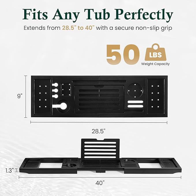 Teak Bathtub Tray | Adjustable Width Tray with Wine Holder, Tablet/Phone & Book Stand, Splash-Proof for Bath Time- Black