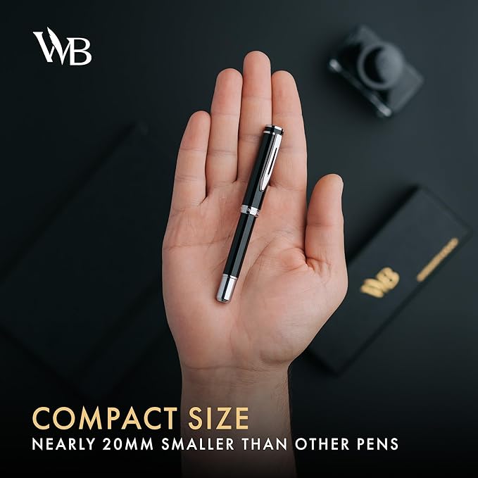 Wordsworth and Black Fountain Pen Mini EDC: Luxury Black Heavy Pocket Pen, Chrome Finish, Medium Nib, 6 Ink Cartridges, Ink Converter, Travel Refillable Writing Pen Gift Set, Men & Women